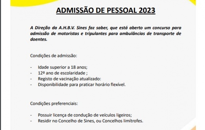 Associação de Bombeiros de Sines tem abertas inscrições para admissão de pessoal