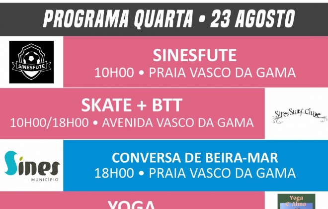 Conheça o programa do Sines em Movimento para quarta-feira dia 23 de agosto